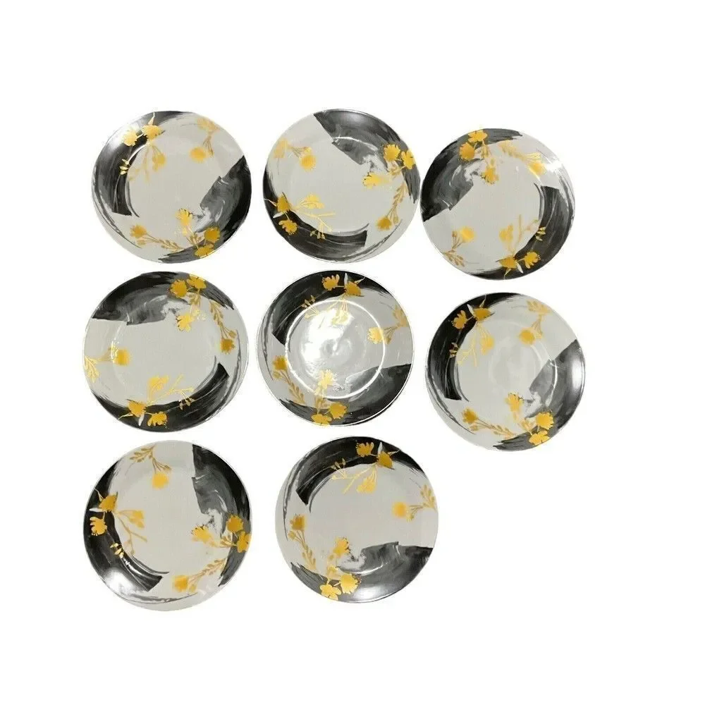 VTG Fitz & Floyd Carmen Floral Black/Gold Stripes‎ Dinner/Salad Plates Set of 8